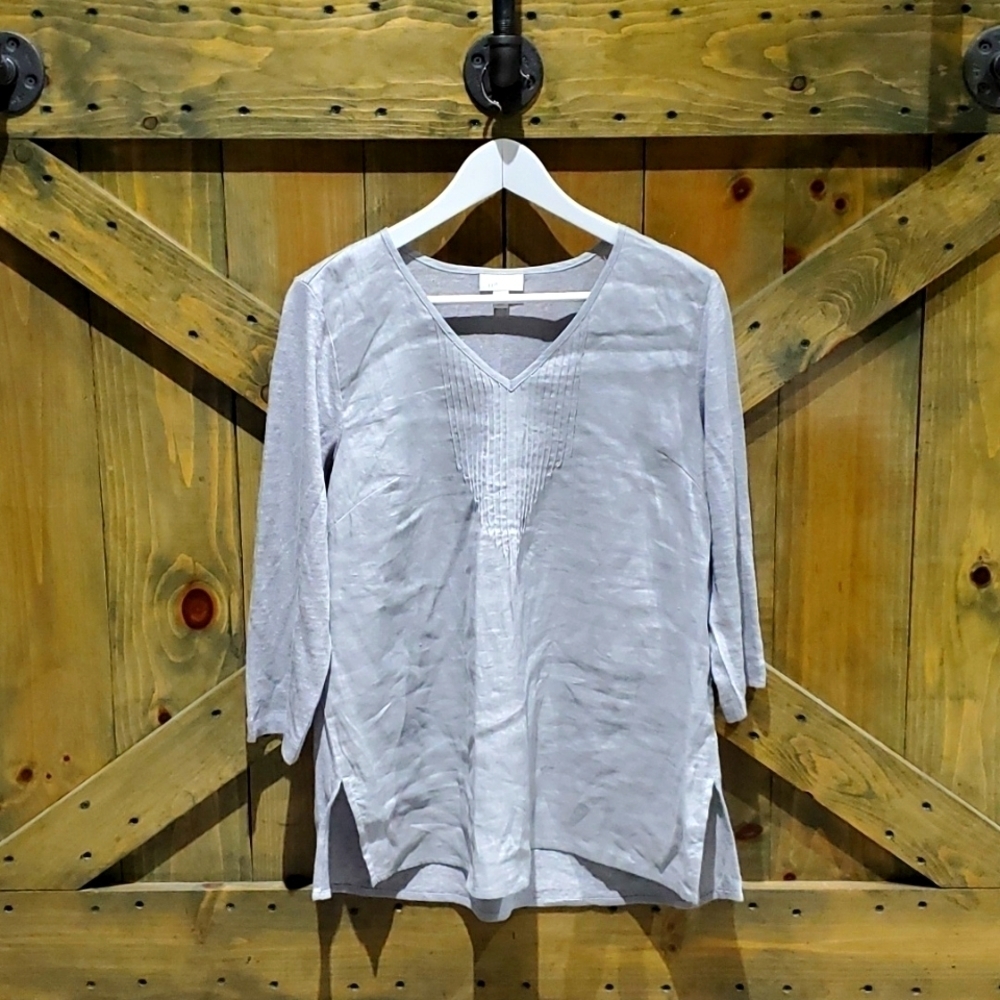 J JILL LOVE LINEN GREY V NECK 3/4 SLEEVE PULLOVER BLOUSE PEASANT TUNIC BOHO